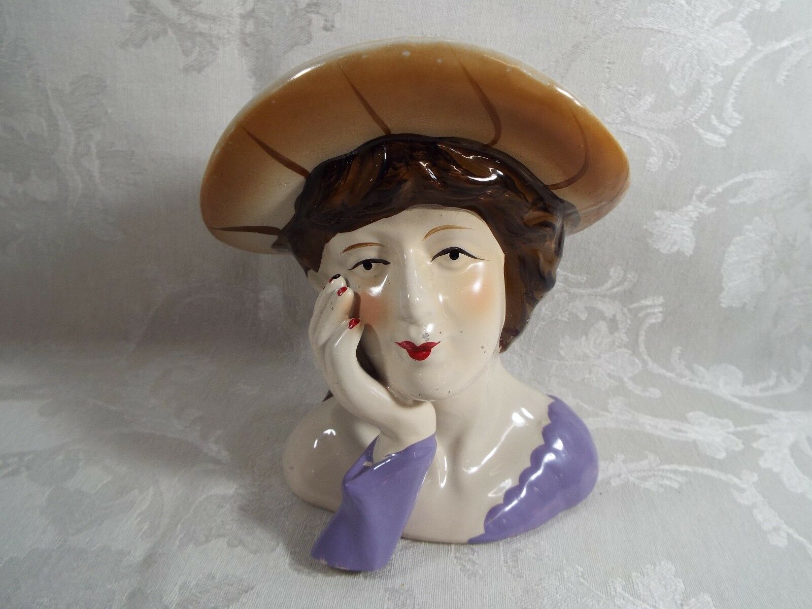 Lady's Head Bust 5-1/2" Brown Hat Purple Dress Ceramic Decorative Figurine